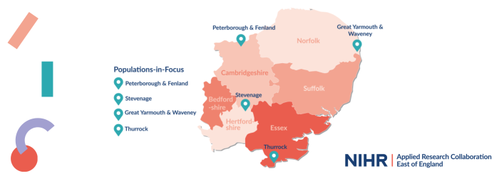 East of England Map. Identifying Peterborough and Fenland, Great Yarmouth and Waveney, Stevenage and Thurrock.